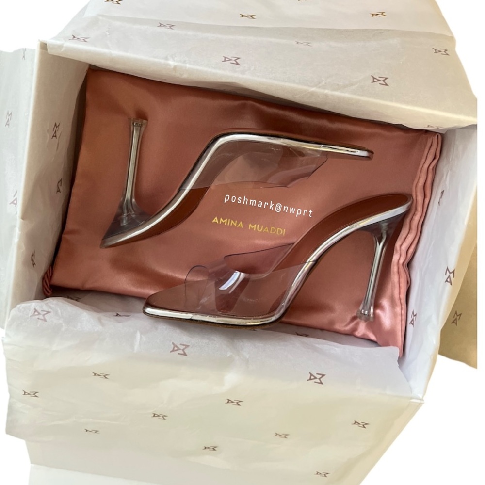 Amina Muaddi 💘 Alexa Glass 105 Transparent Clear Plexi PVC Sandals Heels 37 Box - Picture 5 of 15